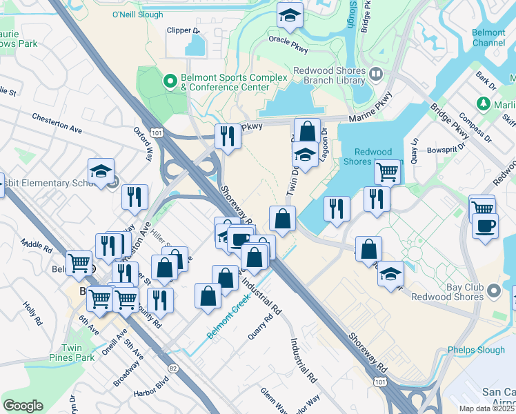 map of restaurants, bars, coffee shops, grocery stores, and more near 1301 Shoreway Road in Belmont