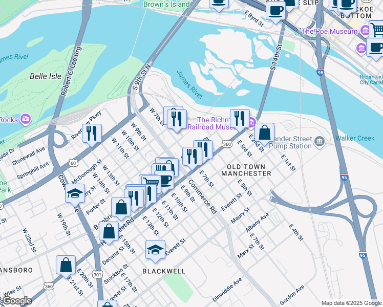 map of restaurants, bars, coffee shops, grocery stores, and more near 15 West 7th Street in Richmond