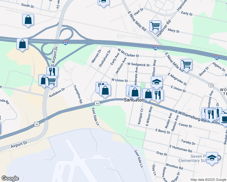 map of restaurants, bars, coffee shops, grocery stores, and more near 1 Carter Avenue in Sandston