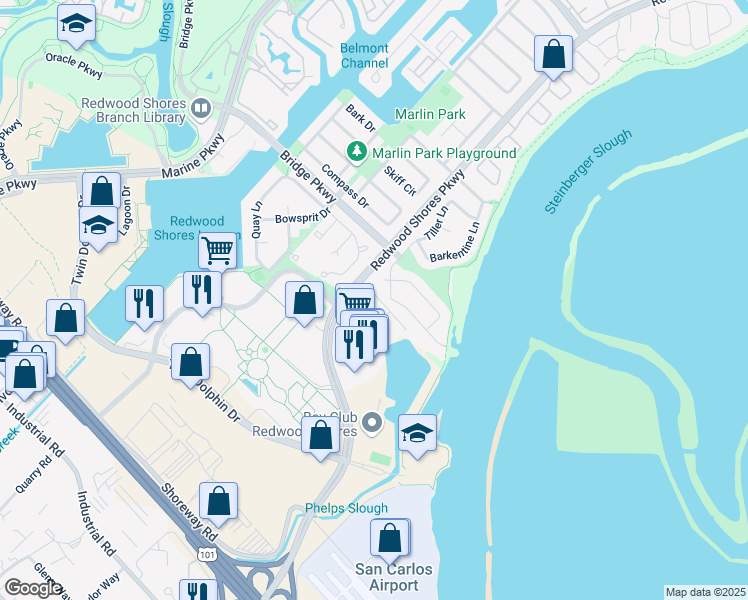 map of restaurants, bars, coffee shops, grocery stores, and more near 2309 Hastings Shore Lane in Redwood City