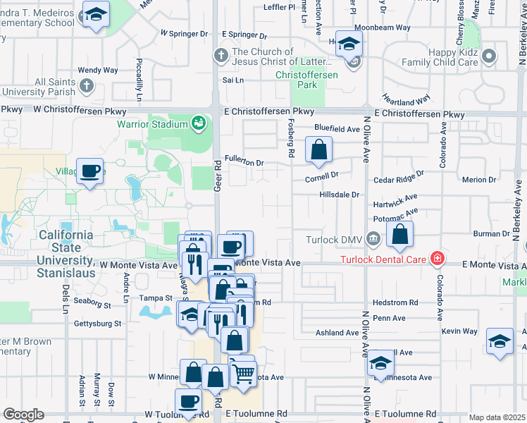 map of restaurants, bars, coffee shops, grocery stores, and more near 3402 Roanoke Court in Turlock