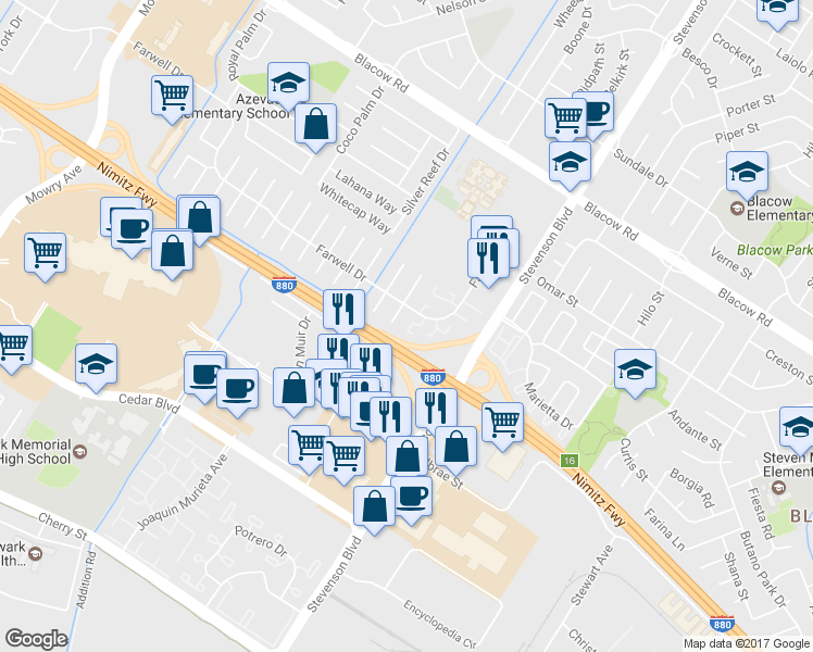 map of restaurants, bars, coffee shops, grocery stores, and more near 5714 Poplar Common in Fremont