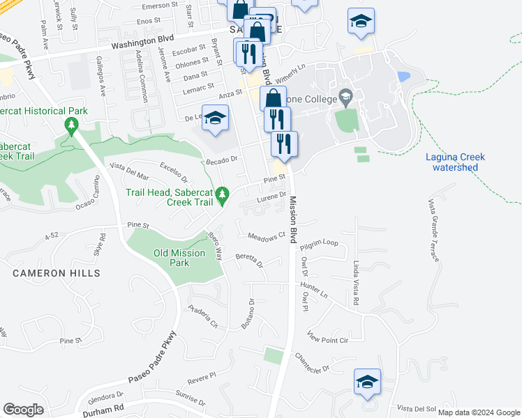 map of restaurants, bars, coffee shops, grocery stores, and more near 250 Lurene Drive in Fremont
