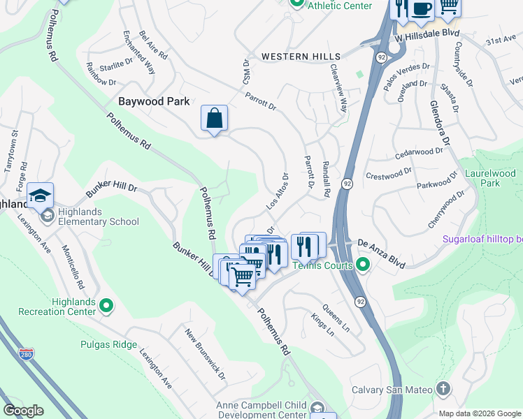 map of restaurants, bars, coffee shops, grocery stores, and more near 1912 Los Altos Drive in San Mateo
