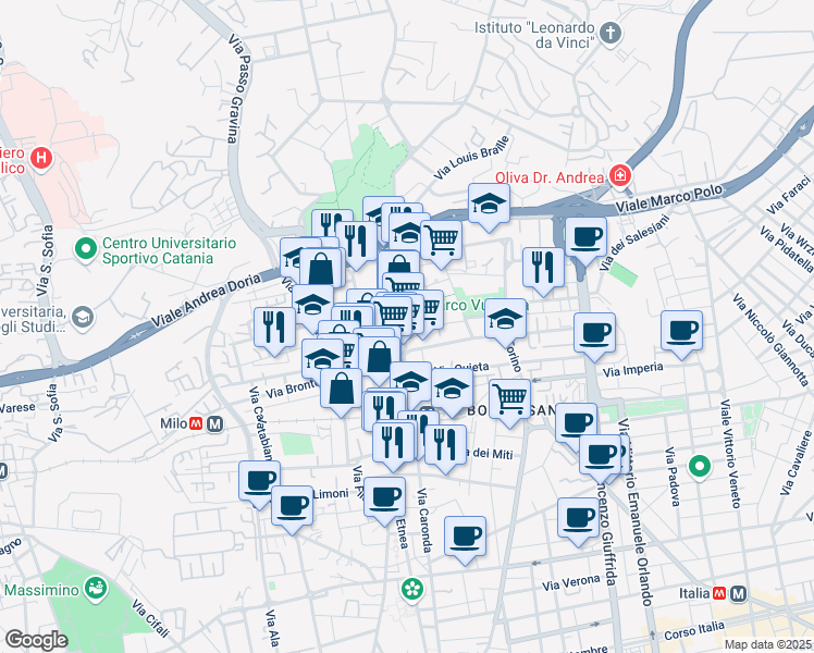 map of restaurants, bars, coffee shops, grocery stores, and more near 410 Via Caronda in Catania