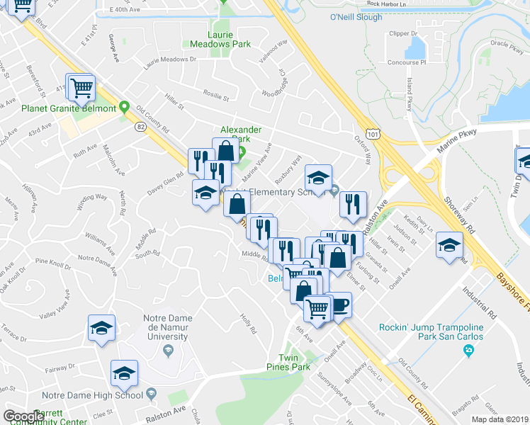 map of restaurants, bars, coffee shops, grocery stores, and more near 641 Old County Road in Belmont
