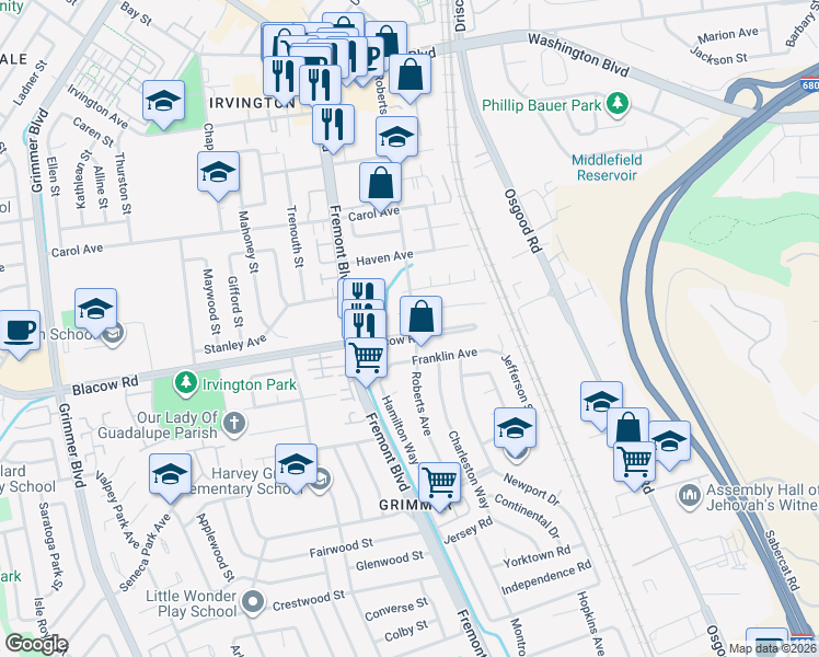 map of restaurants, bars, coffee shops, grocery stores, and more near 42290 Blacow Road in Fremont