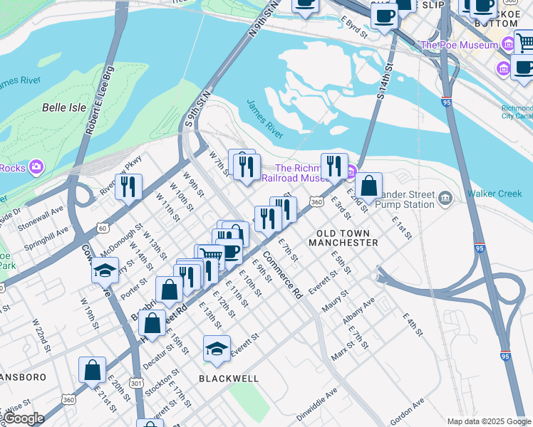 map of restaurants, bars, coffee shops, grocery stores, and more near 15 West 7th Street in Richmond