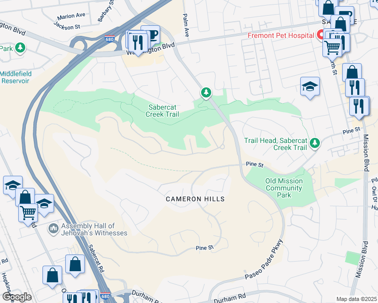 map of restaurants, bars, coffee shops, grocery stores, and more near 43555 Puesta Del Sol in Fremont
