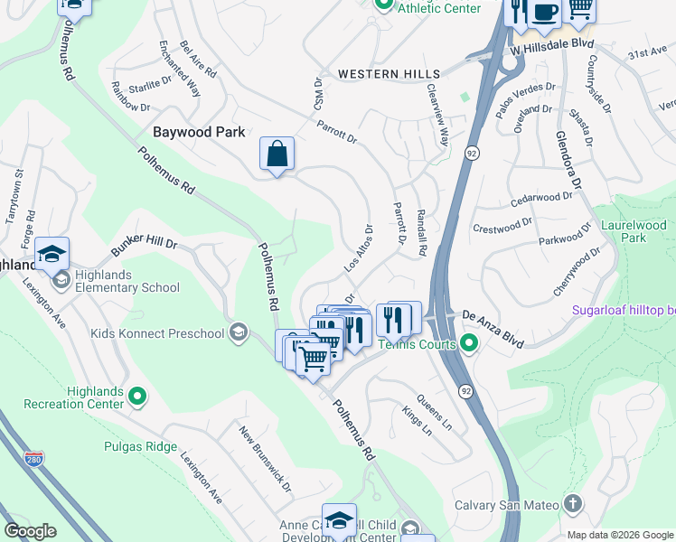 map of restaurants, bars, coffee shops, grocery stores, and more near 1912 Los Altos Drive in San Mateo