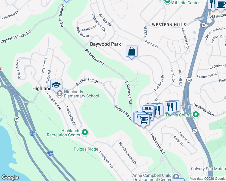 map of restaurants, bars, coffee shops, grocery stores, and more near 55 Bennington Drive in San Mateo