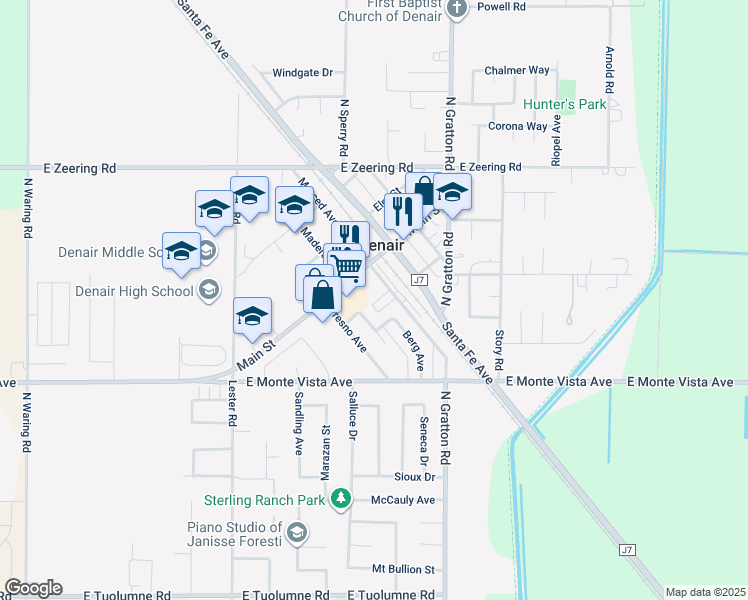map of restaurants, bars, coffee shops, grocery stores, and more near 3432 Berg Avenue in Denair