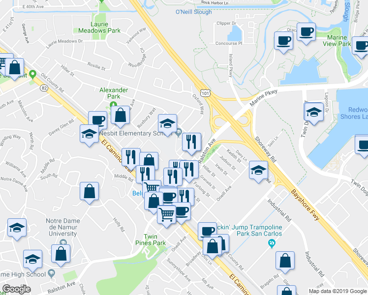 map of restaurants, bars, coffee shops, grocery stores, and more near 508 Wessex Way in Belmont