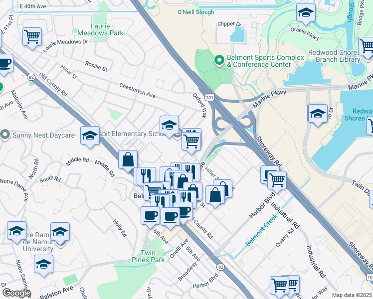 map of restaurants, bars, coffee shops, grocery stores, and more near 508 Wessex Way in Belmont