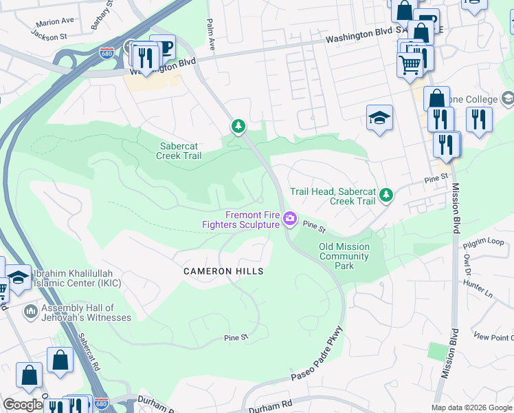 map of restaurants, bars, coffee shops, grocery stores, and more near 1172 Ocaso Camino in Fremont
