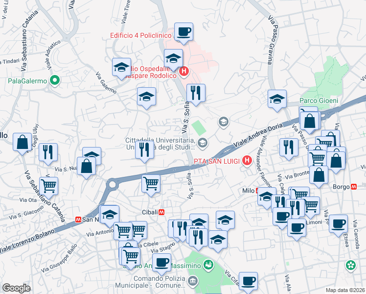 map of restaurants, bars, coffee shops, grocery stores, and more near 9 Via Giovan Filippo Ingrassia in Catania