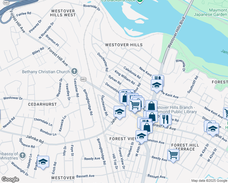 map of restaurants, bars, coffee shops, grocery stores, and more near 5202 Devonshire Road in Richmond