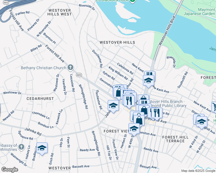 map of restaurants, bars, coffee shops, grocery stores, and more near 5202 Devonshire Road in Richmond