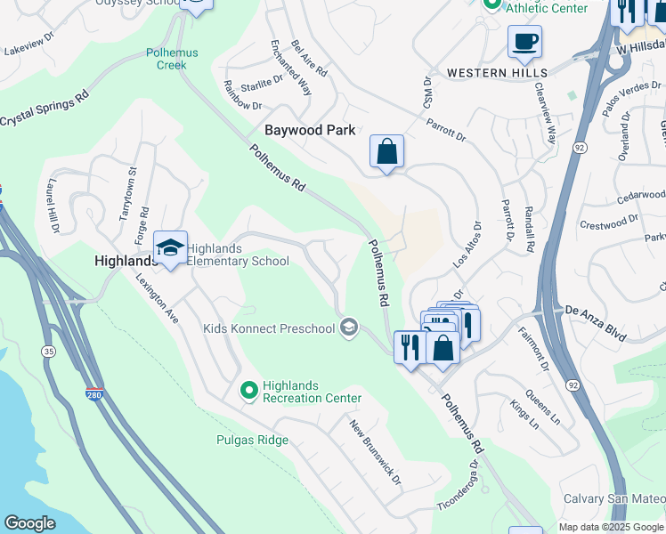 map of restaurants, bars, coffee shops, grocery stores, and more near 55 Bennington Drive in San Mateo