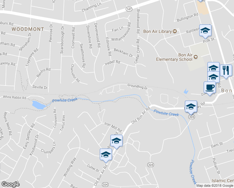 map of restaurants, bars, coffee shops, grocery stores, and more near 9645 Groundhog Drive in Richmond