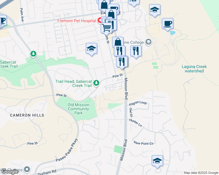 map of restaurants, bars, coffee shops, grocery stores, and more near Paso Roble Common in Fremont