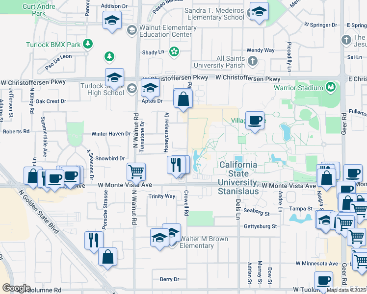 map of restaurants, bars, coffee shops, grocery stores, and more near 3601 Crowell Road in Turlock