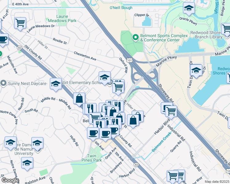map of restaurants, bars, coffee shops, grocery stores, and more near 560 Masonic Way in Belmont