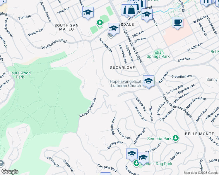 map of restaurants, bars, coffee shops, grocery stores, and more near 720 Linda Court in San Mateo