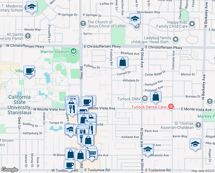 map of restaurants, bars, coffee shops, grocery stores, and more near 3480 Rochester Court in Turlock
