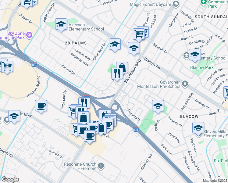 map of restaurants, bars, coffee shops, grocery stores, and more near 5624 Chestnut Common in Fremont