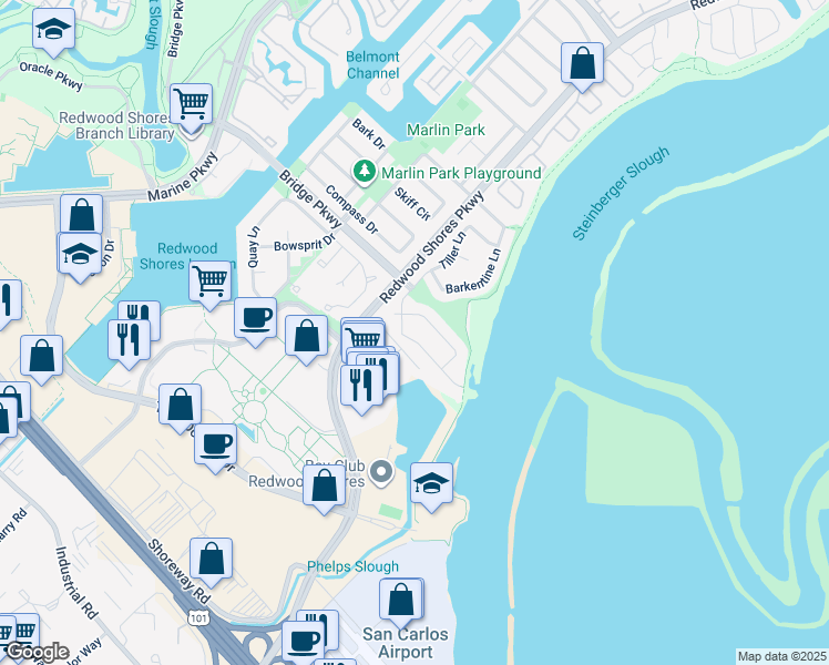 map of restaurants, bars, coffee shops, grocery stores, and more near 605 Spar Drive in Redwood City