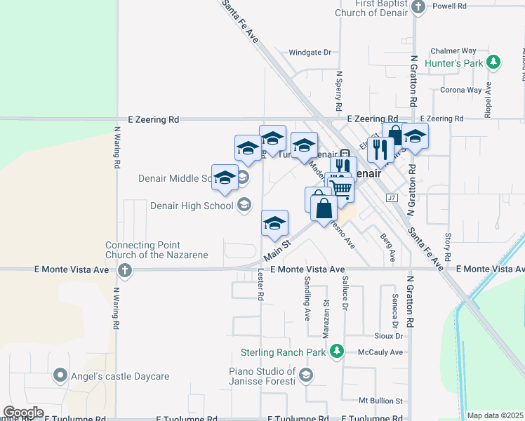 map of restaurants, bars, coffee shops, grocery stores, and more near 3460 Lester Road in Denair
