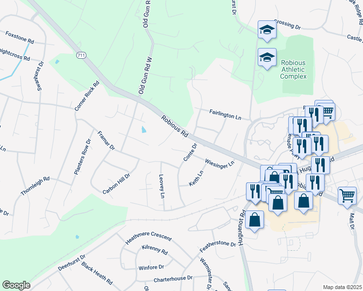 map of restaurants, bars, coffee shops, grocery stores, and more near 11910 Wiesinger Lane in Midlothian