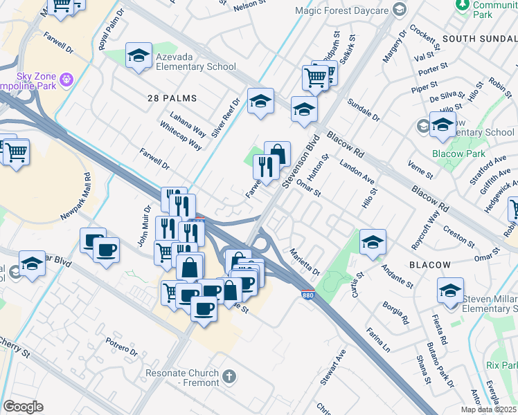 map of restaurants, bars, coffee shops, grocery stores, and more near 5624 Chestnut Common in Fremont