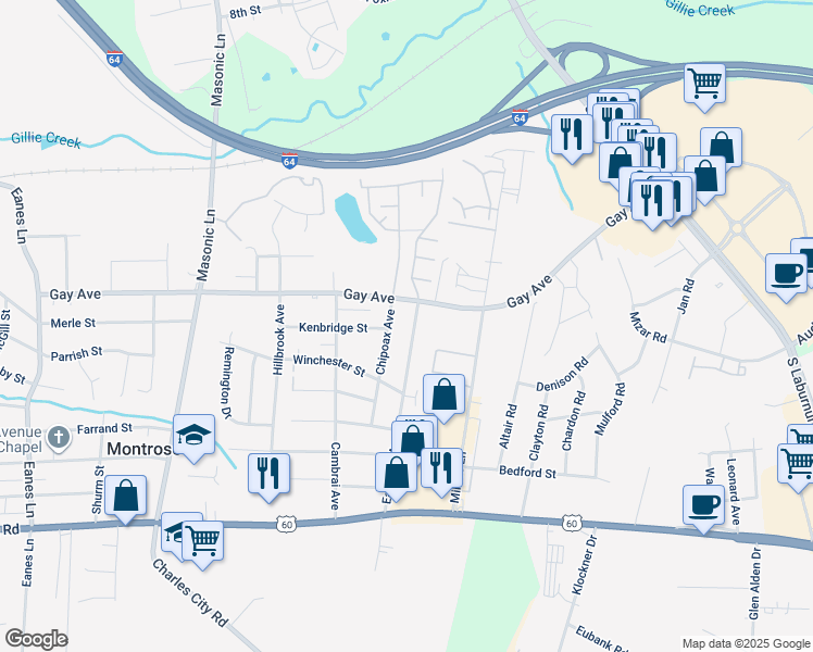 map of restaurants, bars, coffee shops, grocery stores, and more near 4506 Eastover Avenue in Henrico