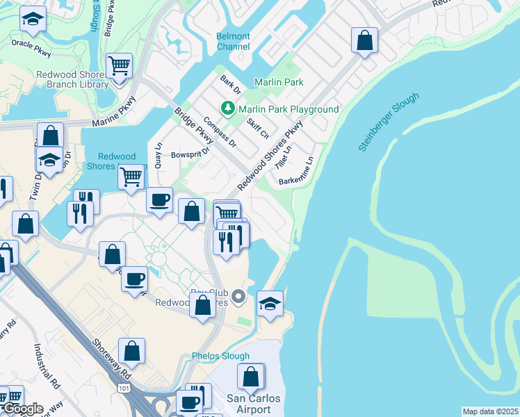map of restaurants, bars, coffee shops, grocery stores, and more near 605 Spar Drive in Redwood City