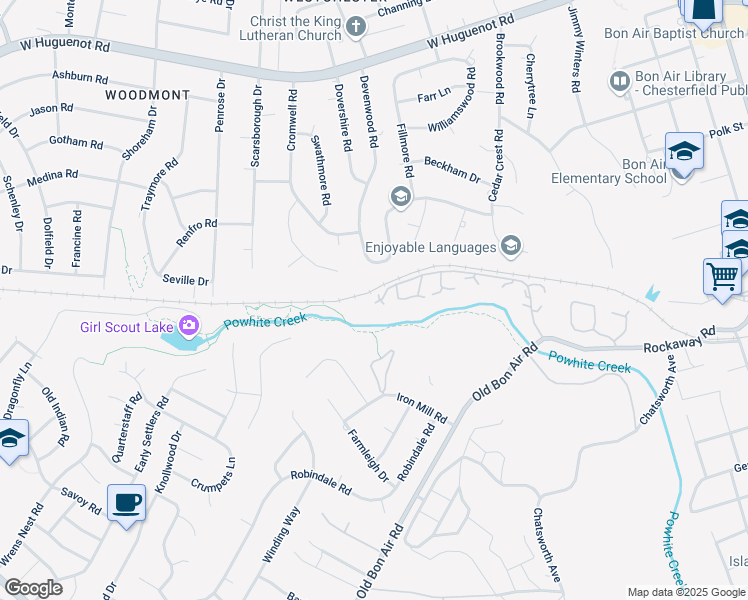 map of restaurants, bars, coffee shops, grocery stores, and more near 9919 Groundhog Drive in Richmond