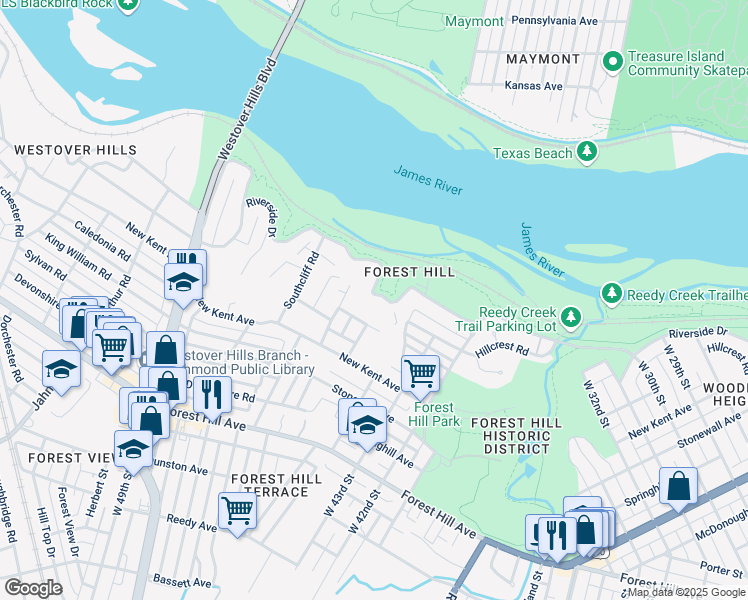 map of restaurants, bars, coffee shops, grocery stores, and more near 4503 Archer Avenue in Richmond