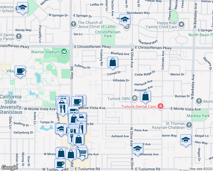 map of restaurants, bars, coffee shops, grocery stores, and more near 3453 Gerald Court in Turlock