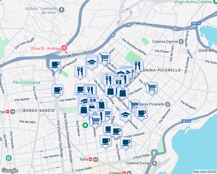 map of restaurants, bars, coffee shops, grocery stores, and more near 121 Via Duca degli Abruzzi in Catania