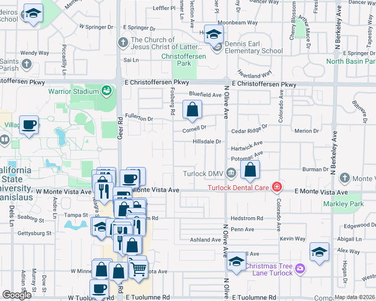 map of restaurants, bars, coffee shops, grocery stores, and more near 3452 Gerald Court in Turlock