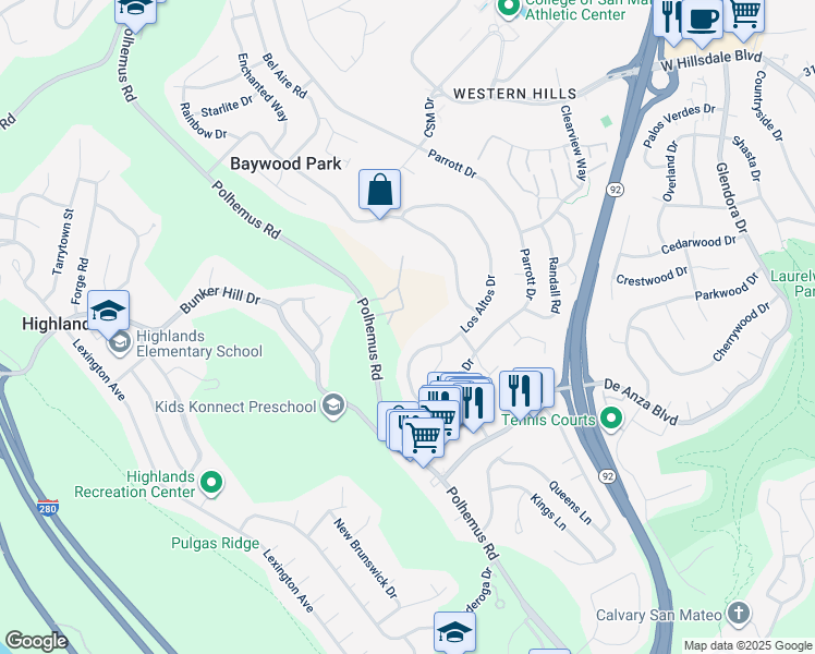 map of restaurants, bars, coffee shops, grocery stores, and more near 128 South B Street in San Mateo