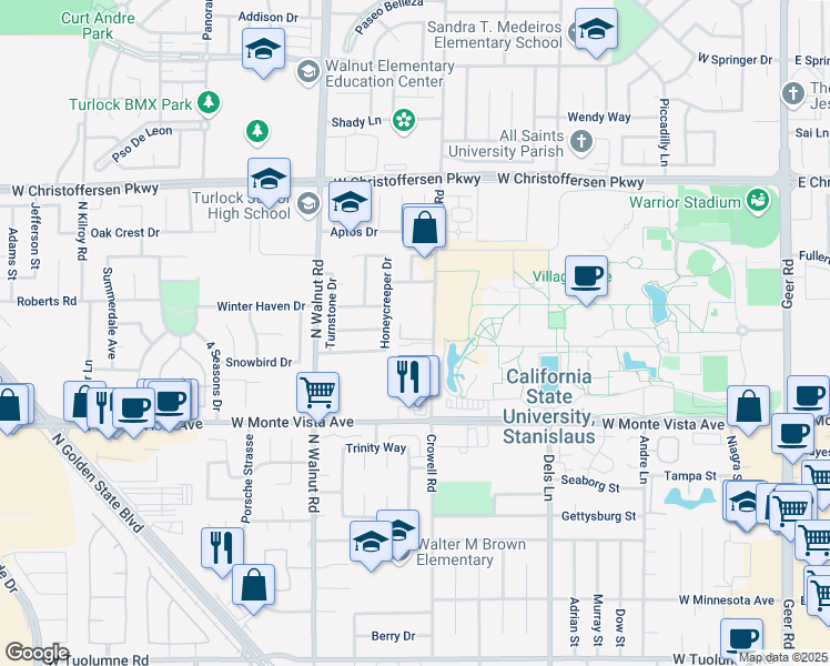 map of restaurants, bars, coffee shops, grocery stores, and more near 3500 Honeycreeper Drive in Turlock