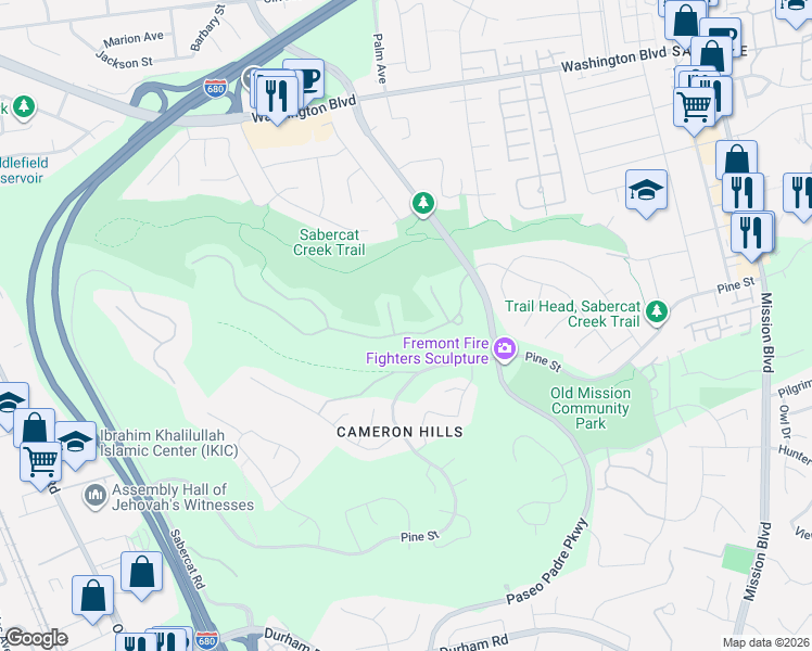 map of restaurants, bars, coffee shops, grocery stores, and more near 1372 Ocaso Camino in Fremont