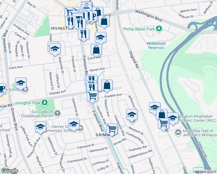 map of restaurants, bars, coffee shops, grocery stores, and more near 42313 Blacow Road in Fremont