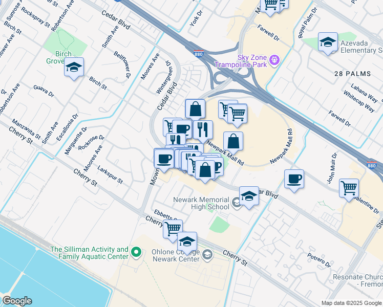 map of restaurants, bars, coffee shops, grocery stores, and more near 39150 Cedar Boulevard in Newark