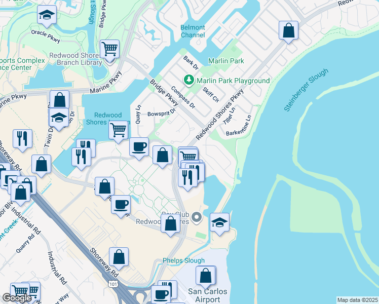 map of restaurants, bars, coffee shops, grocery stores, and more near 2402 Hastings Shore Lane in Redwood City