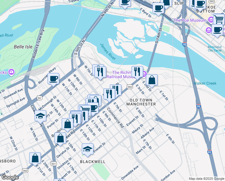 map of restaurants, bars, coffee shops, grocery stores, and more near 15 West 7th Street in Richmond