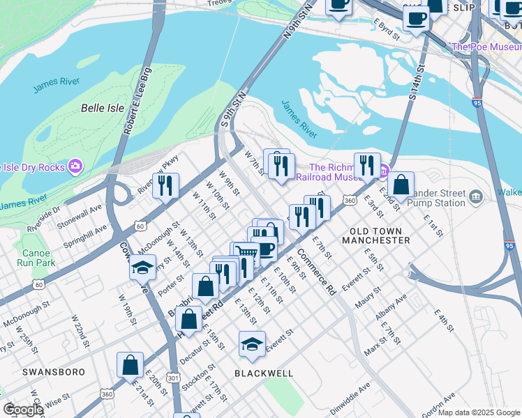 map of restaurants, bars, coffee shops, grocery stores, and more near 124 West 9th Street in Richmond