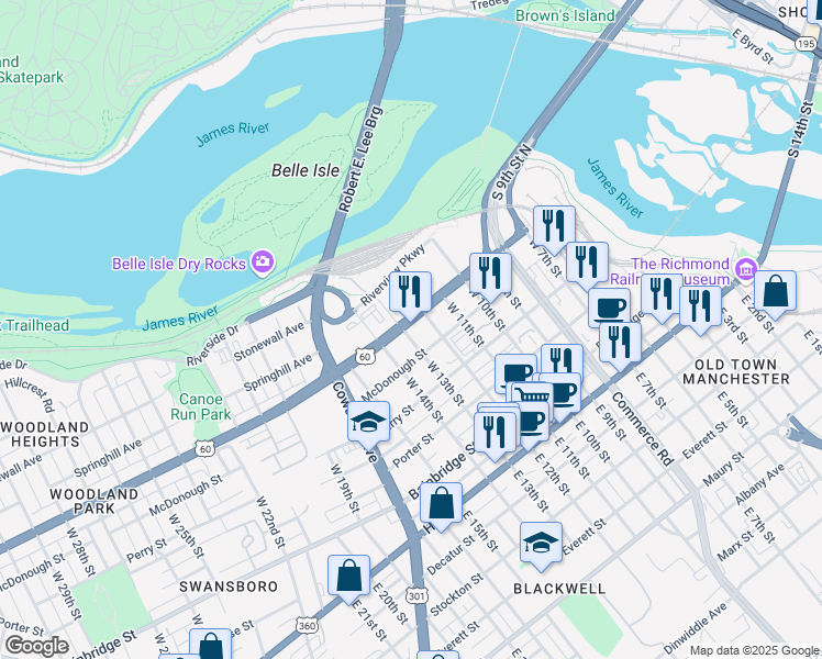 map of restaurants, bars, coffee shops, grocery stores, and more near 1208 McDonough Street in Richmond